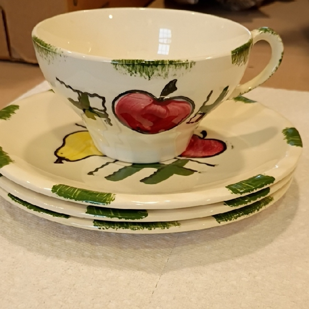 Blue Ridge Southern Pottery Hand-Painted Tic Tac Tea Cup and 3 Saucers Replace